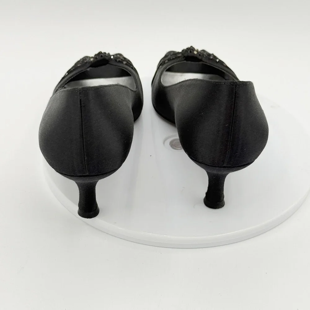 Stuart Weitzman 15026 Peep Toe‎ Pumps Size 7.5 Women Black Satin Rhinestone Bow